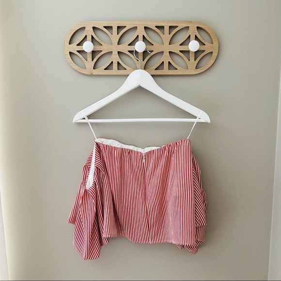 Good Luck Gem Off The Shoulder Cropped Striped Blouse Red/White Sz Small - Picture 6 of 9